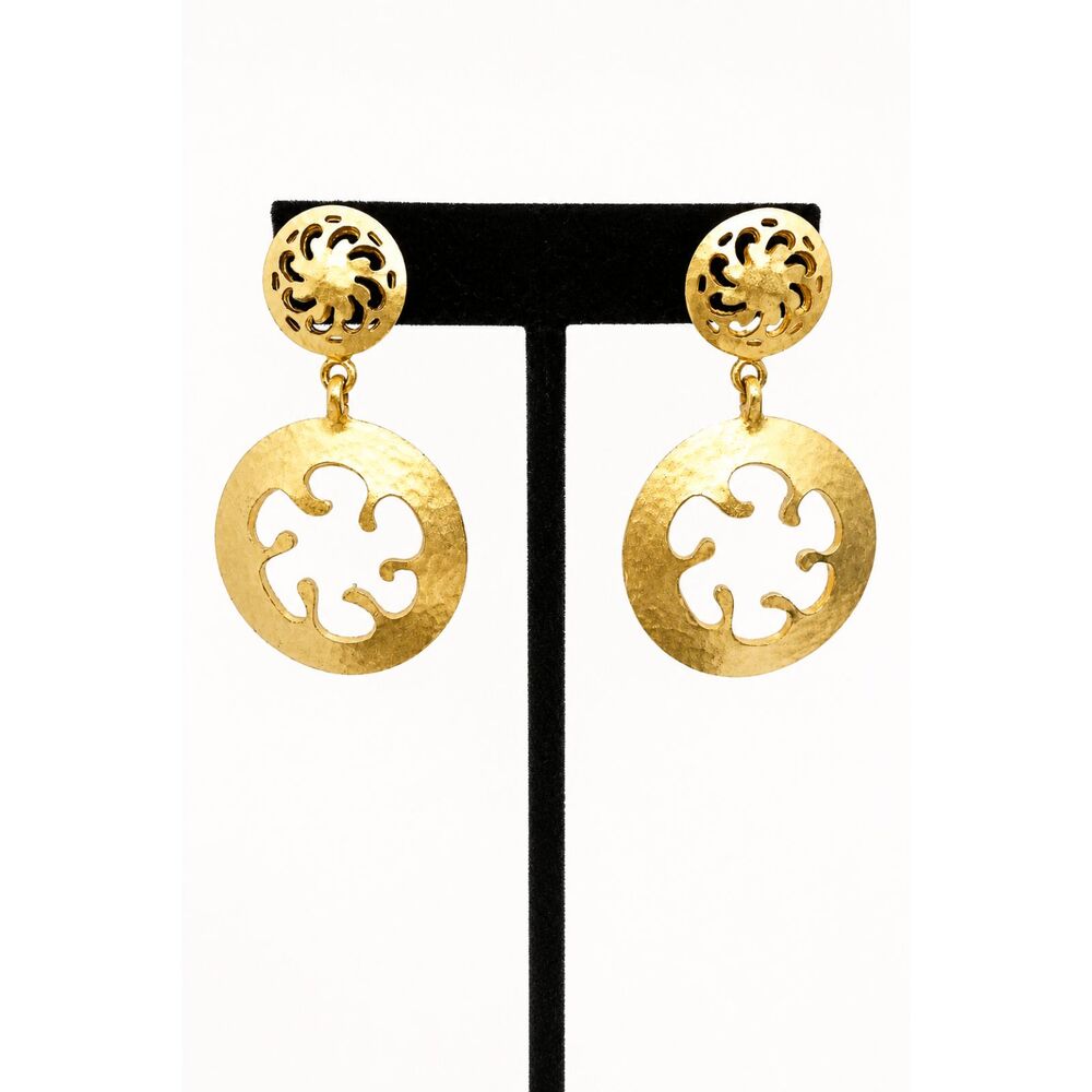 VINTAGE DANGLE EARRINGS Gold Tone Hammered Floral Cutout Disc 80s Statement